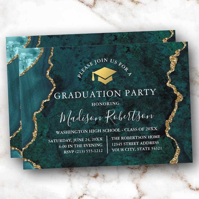 Invitation Aquarelle marbre Turquoise or Casquette Grad Party (Customize to add text or a photo to back of card.)
