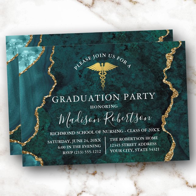 Invitation Aquarelle marbre Turquoise or Médicale Grad Party (Customize to add text or a photo to back of card.)