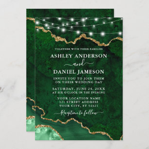 Invitation Aquarelle Marbre vert Agate Géode Lumières Mariage