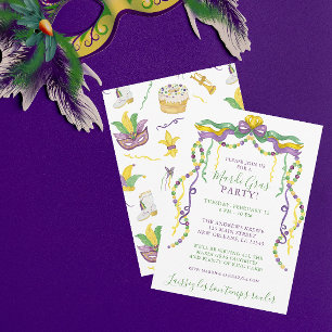 Invitation Aquarelle Mardi Gras Masques King Cake