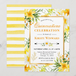 Invitation Aquarelle marguerites et fleurs jaunes Quinceanera