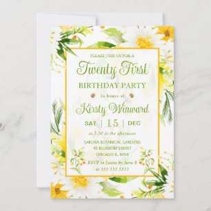Invitation Aquarelle Marguerites jaunes et blanches 21e anniv