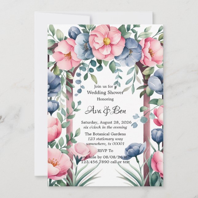 Invitation Aquarelle Mariage Arch rose & Bleu Fleurs Douche (Devant)