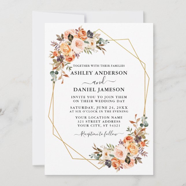 Invitation Aquarelle mariage Automne Floral Geo Frame (Devant)