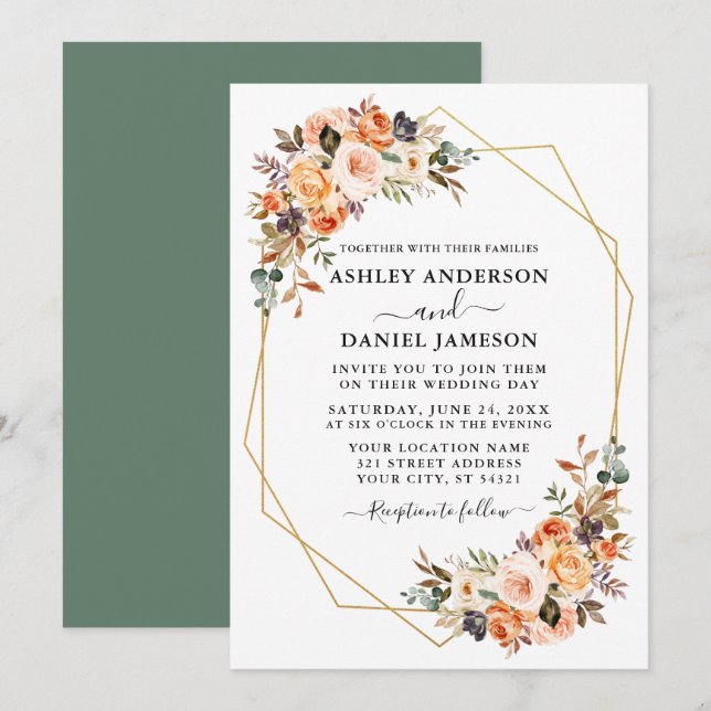 Invitation Aquarelle mariage Automne Floral Geo Sage Vert (Devant / Derrière)