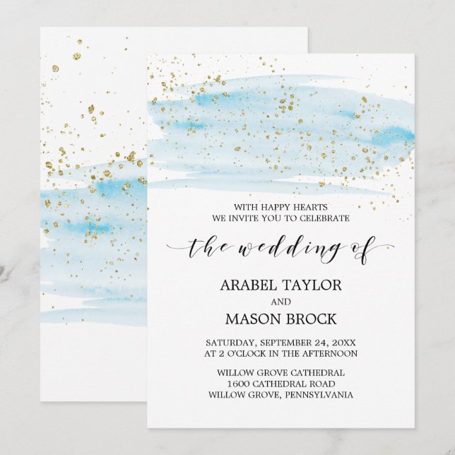 Invitation Aquarelle Mariage bleu et or (Devant / Derrière)