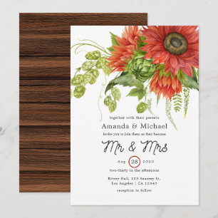 Invitation Aquarelle Mariage Bohème Rustique Tournesols Rouge