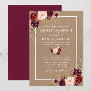 Invitation Aquarelle mariage Bourgogne Floral Kraft