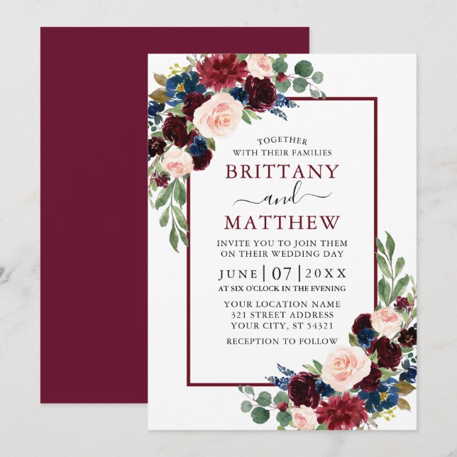 Invitation Aquarelle mariage Burgundy Bleu Mixte Floral (Devant / Derrière)