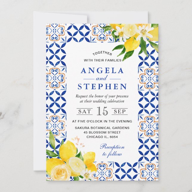 Invitation Aquarelle Mariage cadre citrons bleu et jaune (Devant)