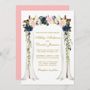 Invitation Aquarelle mariage Canopy bleu rose bleu Floral or