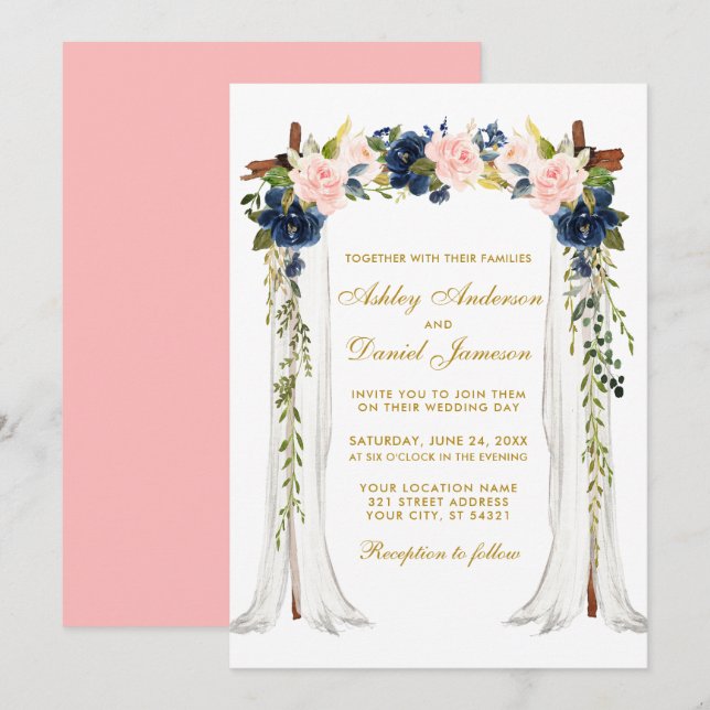 Invitation Aquarelle mariage Canopy bleu rose bleu Floral or (Devant / Derrière)