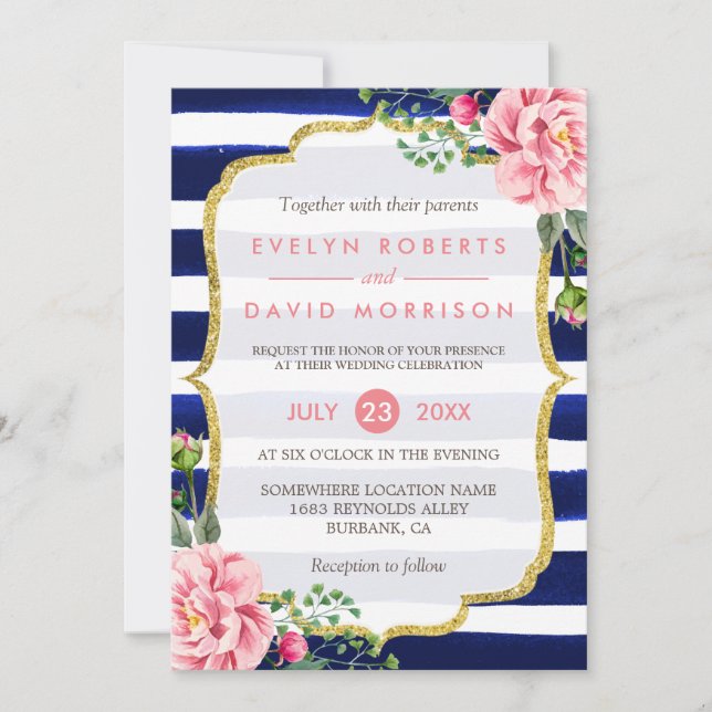 Invitation Aquarelle mariage couleur rose Floral Marine Bleu  (Devant)