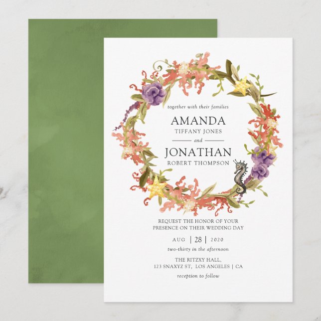 Invitation Aquarelle Mariage d'algues marines (Devant / Derrière)