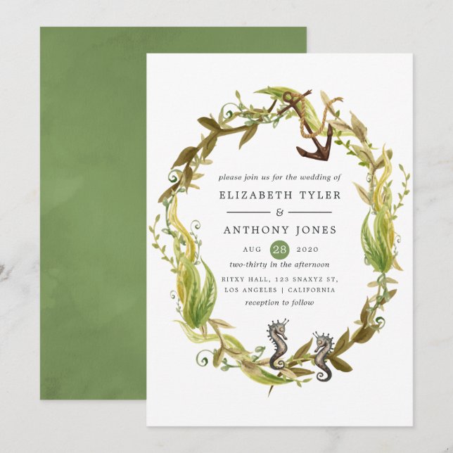 Invitation Aquarelle Mariage d'algues marines (Devant / Derrière)