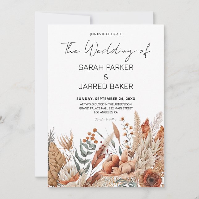 Invitation Aquarelle Mariage de fleurs en terre cuite (Devant)