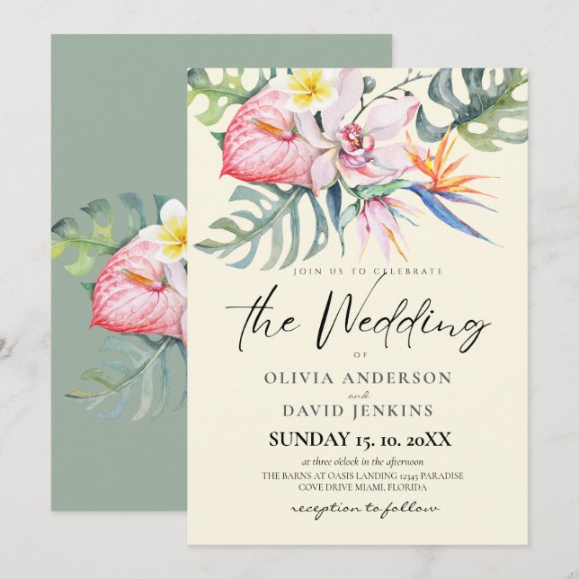 Invitation Aquarelle Mariage de fleurs tropicales (Devant / Derrière)