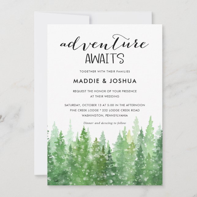 Invitation Aquarelle Mariage de forêt de pins neigeux (Devant)