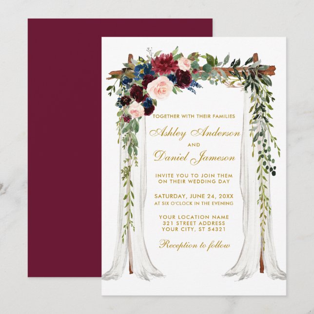 Invitation Aquarelle mariage en or à canopée Arch Floral (Devant / Derrière)