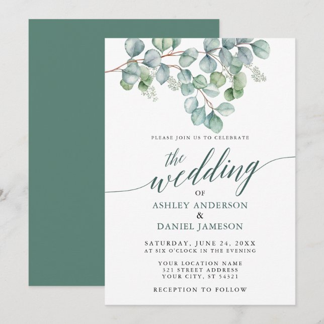 Invitation Aquarelle mariage Eucalyptus Calligraphie verte (Devant / Derrière)