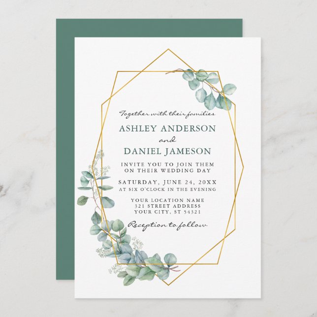 Invitation Aquarelle mariage Eucalyptus Verdure Gold Frame (Devant / Derrière)
