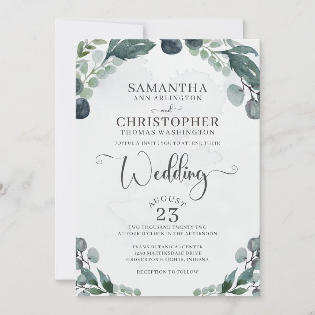 Invitation Aquarelle mariage Eucalyptus Vert (Devant)