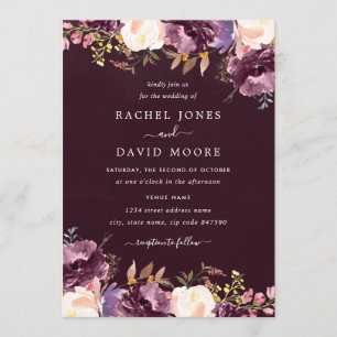 Invitation Aquarelle mariage floral bordeaux violet