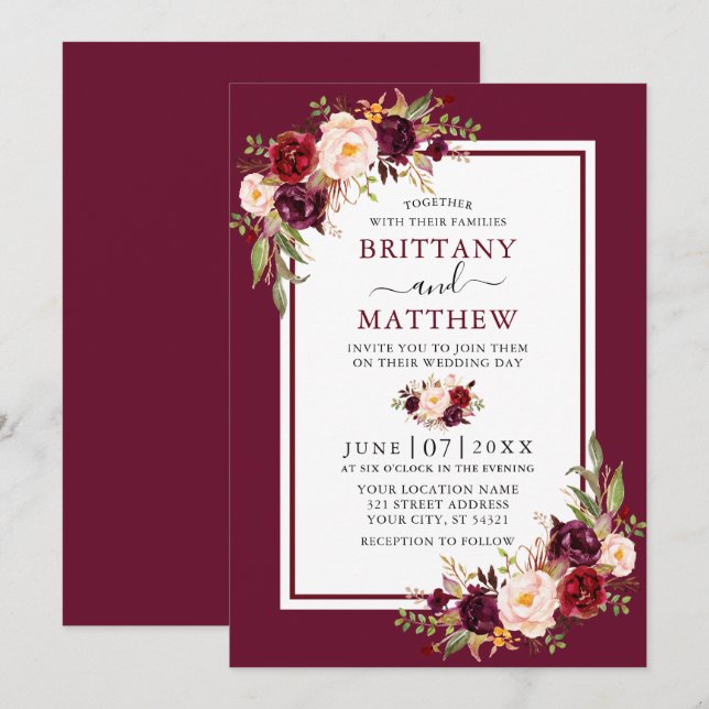 Invitation Aquarelle mariage Floral Bourgogne Cadre (Devant / Derrière)