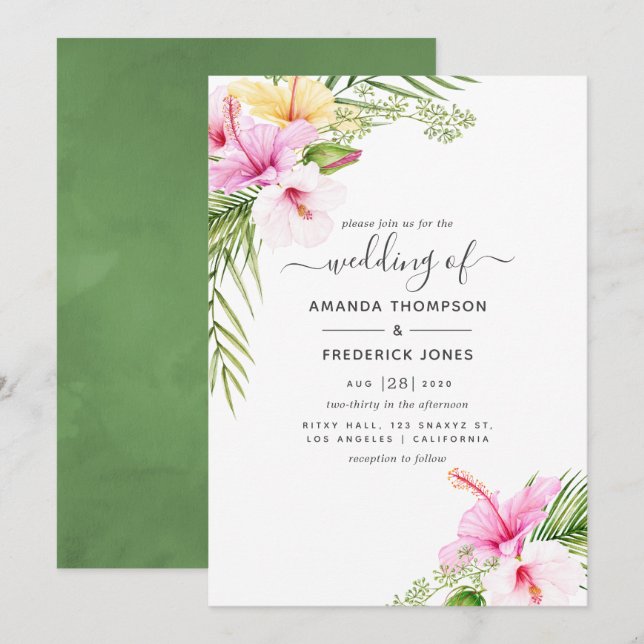 Invitation Aquarelle Mariage floral tropical (Devant / Derrière)
