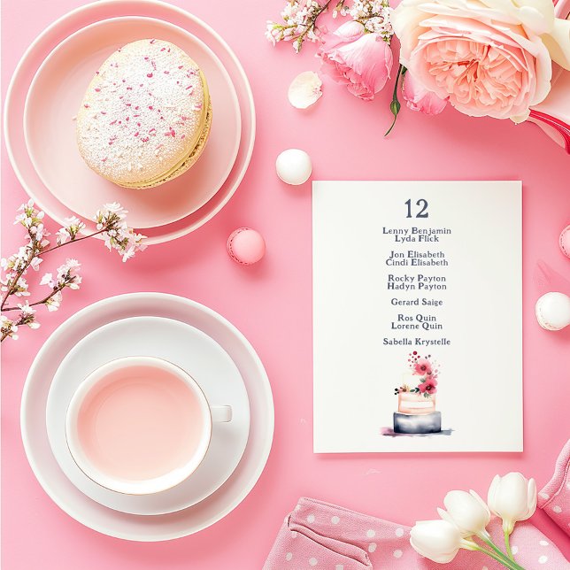 Invitation Aquarelle mariage gâteau Tableau Numéro de siège T (Wedding table number card with watercolor floral cake and elegant guest list.)