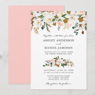 Invitation Aquarelle mariage Magnolias blancs Roses roses ros