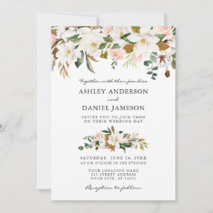 Invitation Aquarelle mariage Magnolias Rose verdure