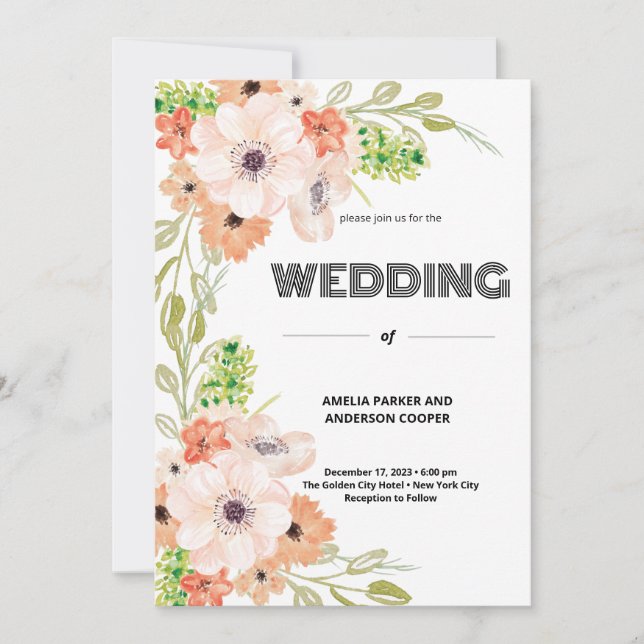 Invitation Aquarelle Mariage personnalisée Floral (Devant)