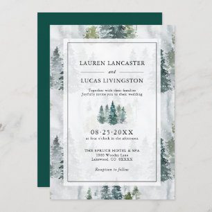 Invitation Aquarelle mariage Pins Rustiques Vert Profond Dans