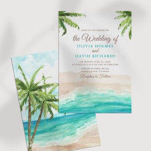 Invitation Aquarelle mariage plage tropicale et palmiers