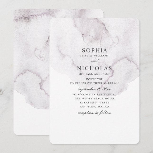 Invitation Aquarelle mariage poussiéreuse. Élégant lavande si (Devant / Derrière)