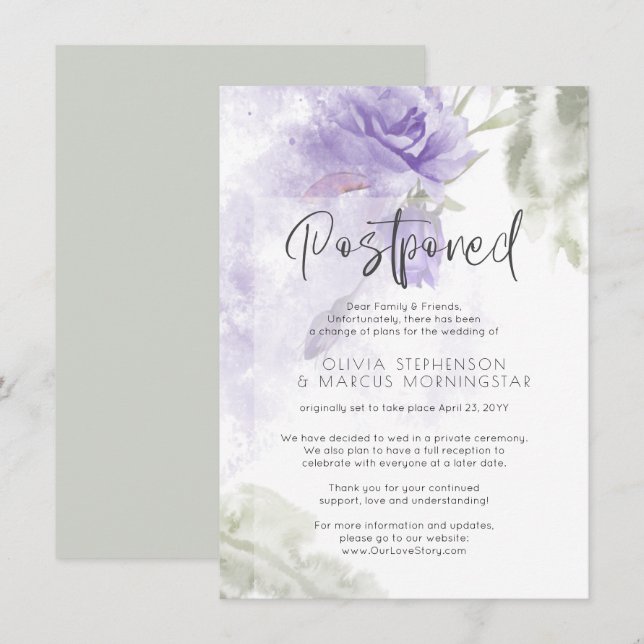 Invitation Aquarelle Mariage reportée Purple Floral (Devant / Derrière)