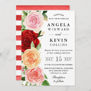 Invitation Aquarelle Mariage Rose rouge et orange