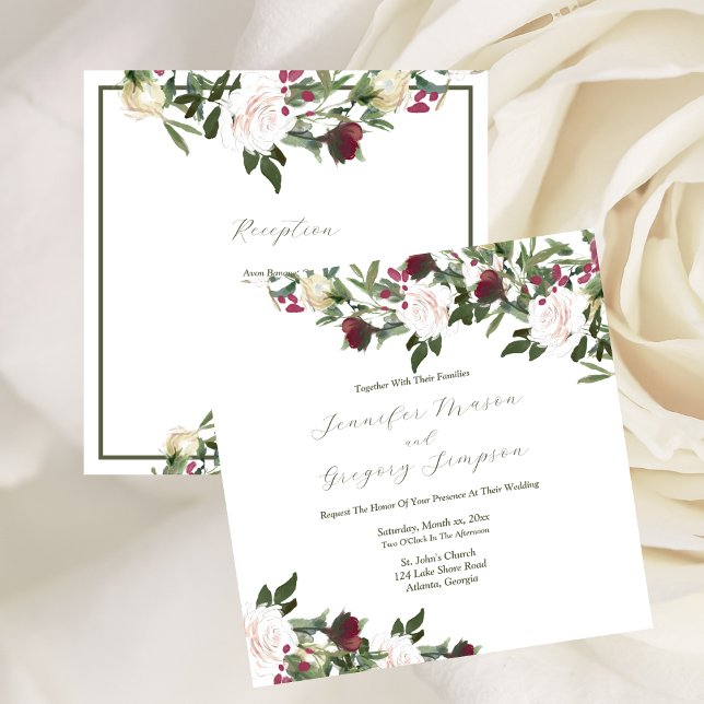 Invitation Aquarelle mariage Roses blanches Fleurs de cannebe (Wedding Watercolor White Roses Cranberry Flowers Invitation)