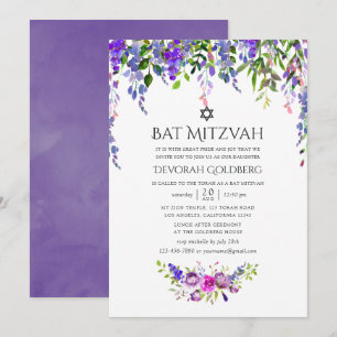 Invitation Aquarelle Mariage ultra violet Bat mitzvah floral