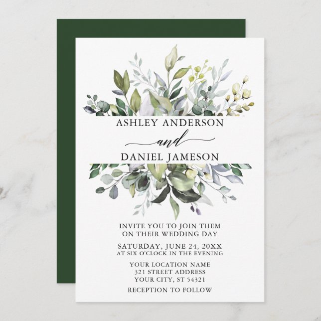 Invitation Aquarelle mariage Verdure botanique Élégant (Devant / Derrière)