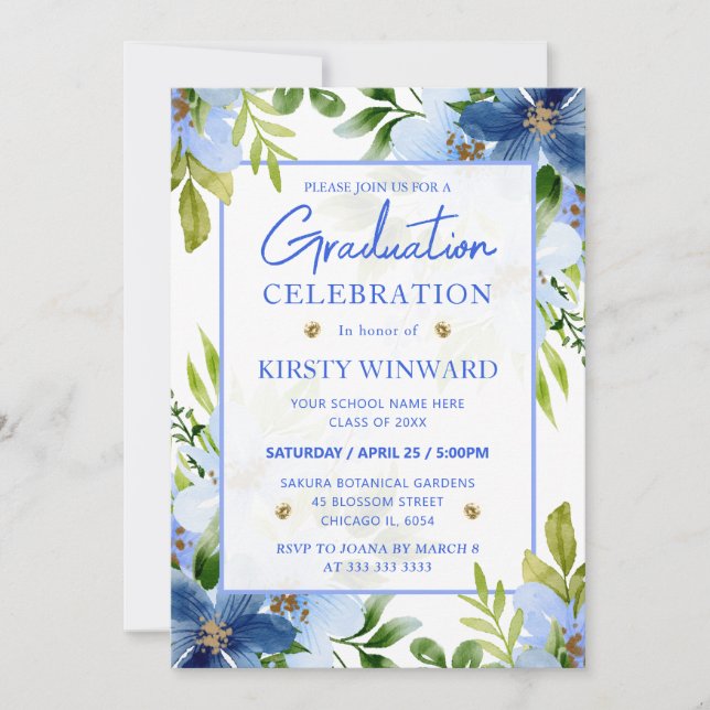Invitation Aquarelle Marine & Baby Blue Flowers Graduation (Devant)