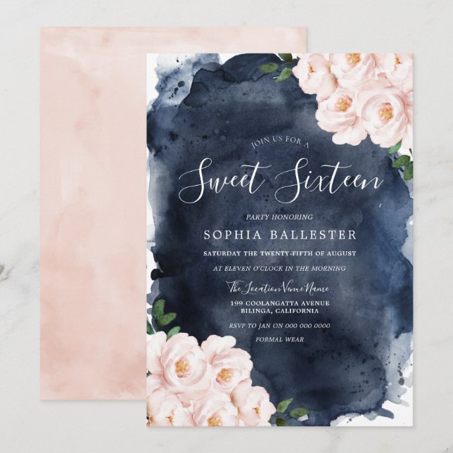 Invitation Aquarelle marine Bleu Bleu Floral Sweet 16 (Devant / Derrière)