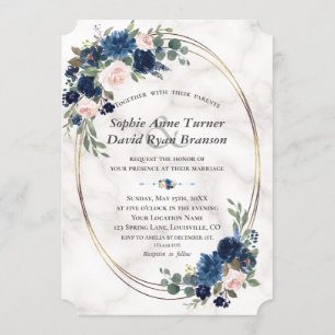 Invitation Aquarelle Marine bleu Blush Fleurs Mariage en marb
