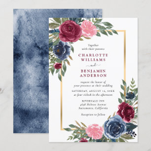 Invitation Aquarelle Marine Bleu Bourgogne Or Floral