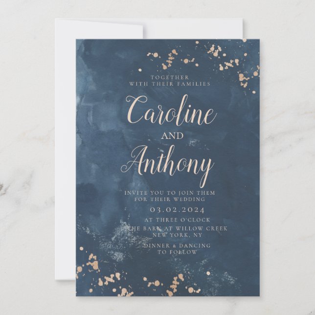 Invitation Aquarelle Marine bleu étoile Rose Mariage or (Devant)