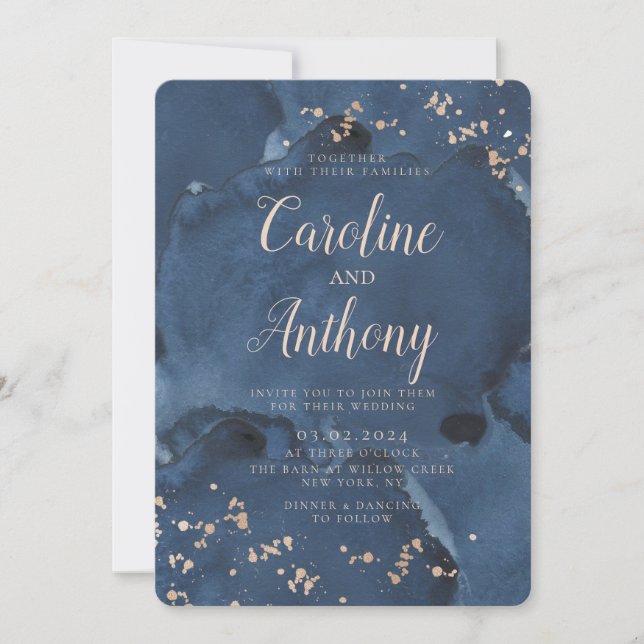Invitation Aquarelle Marine bleu étoile Rose Mariage or (Devant)