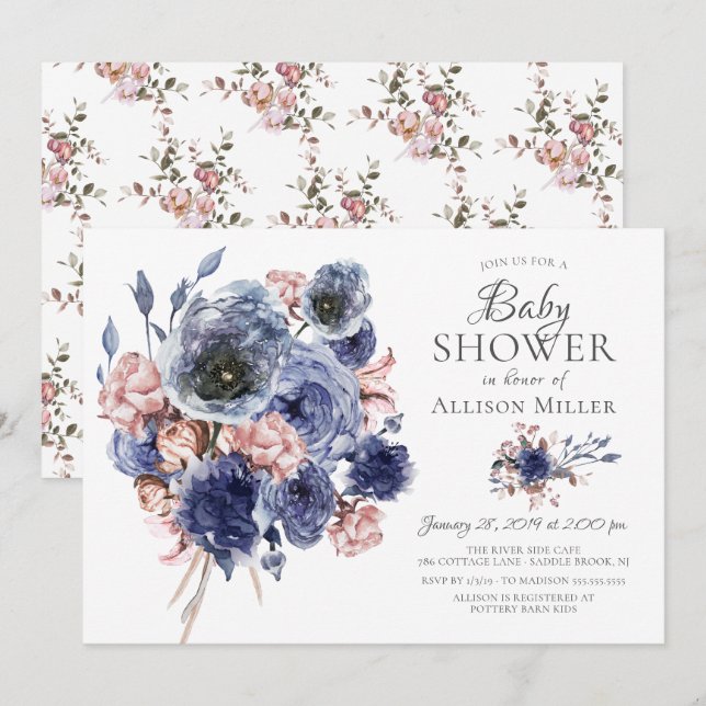 Invitation Aquarelle Marine Blush Floral Baby shower (Devant / Derrière)