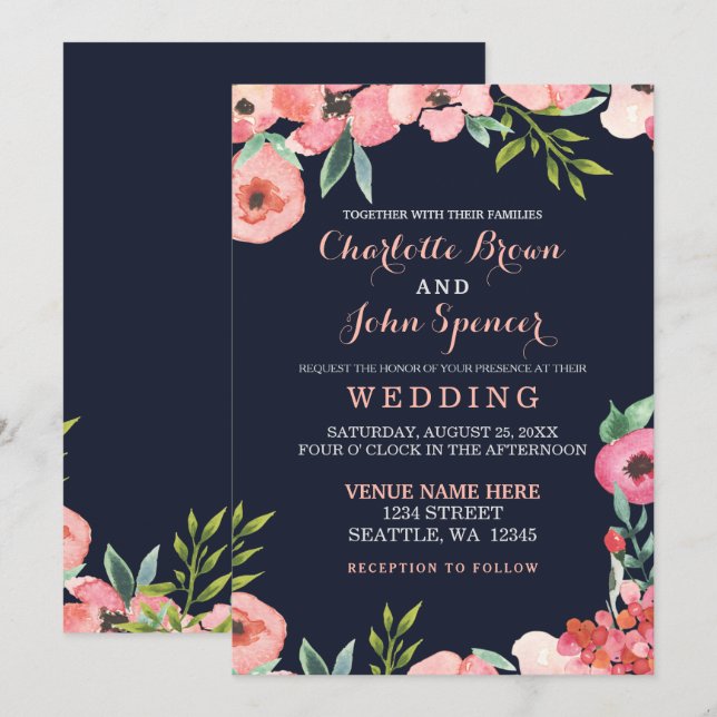 Invitation Aquarelle Marine Blush Floral Mariage élégant (Devant / Derrière)