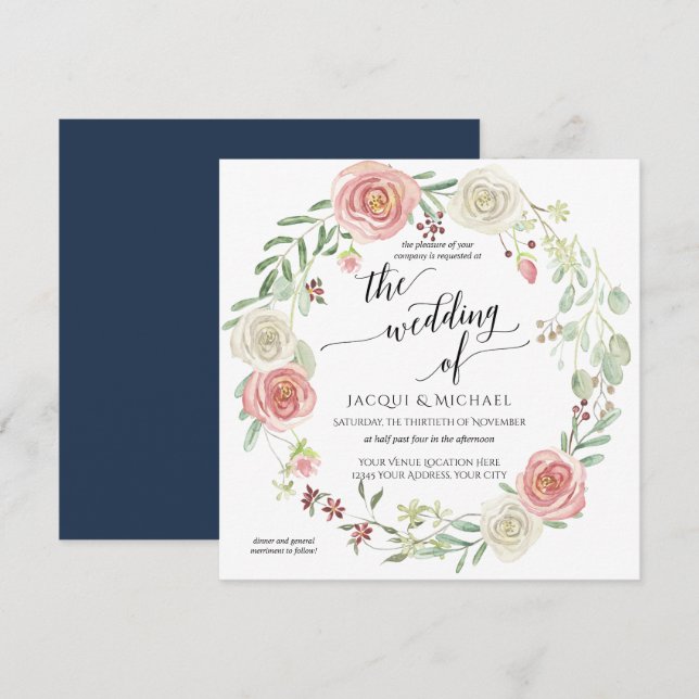 Invitation Aquarelle marine Blush Ivory Rose Folige Mariage (Devant / Derrière)